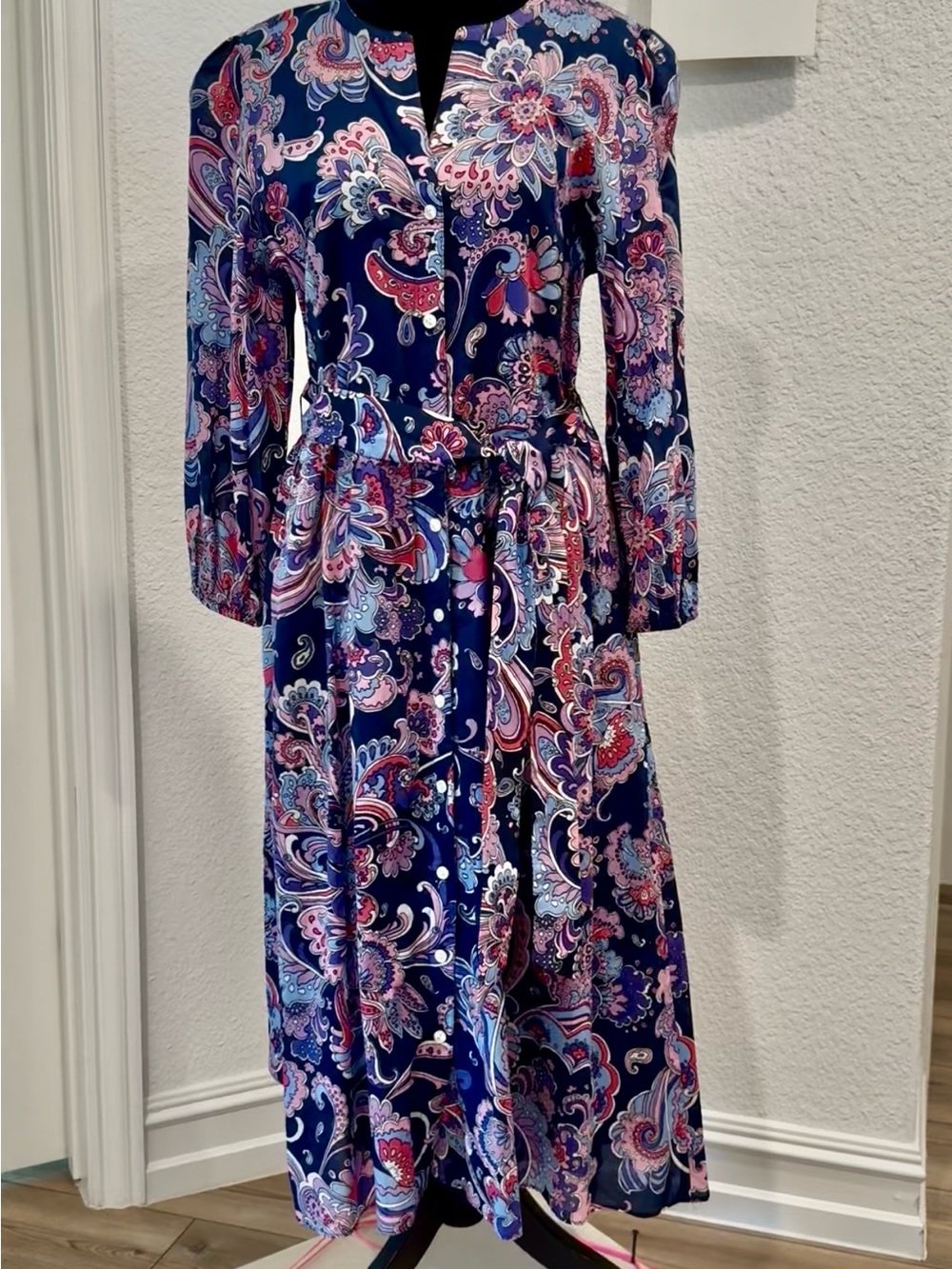 NWT Talbots Navy Paisley Midi Dress with Pink & Light Blue Accents size 12